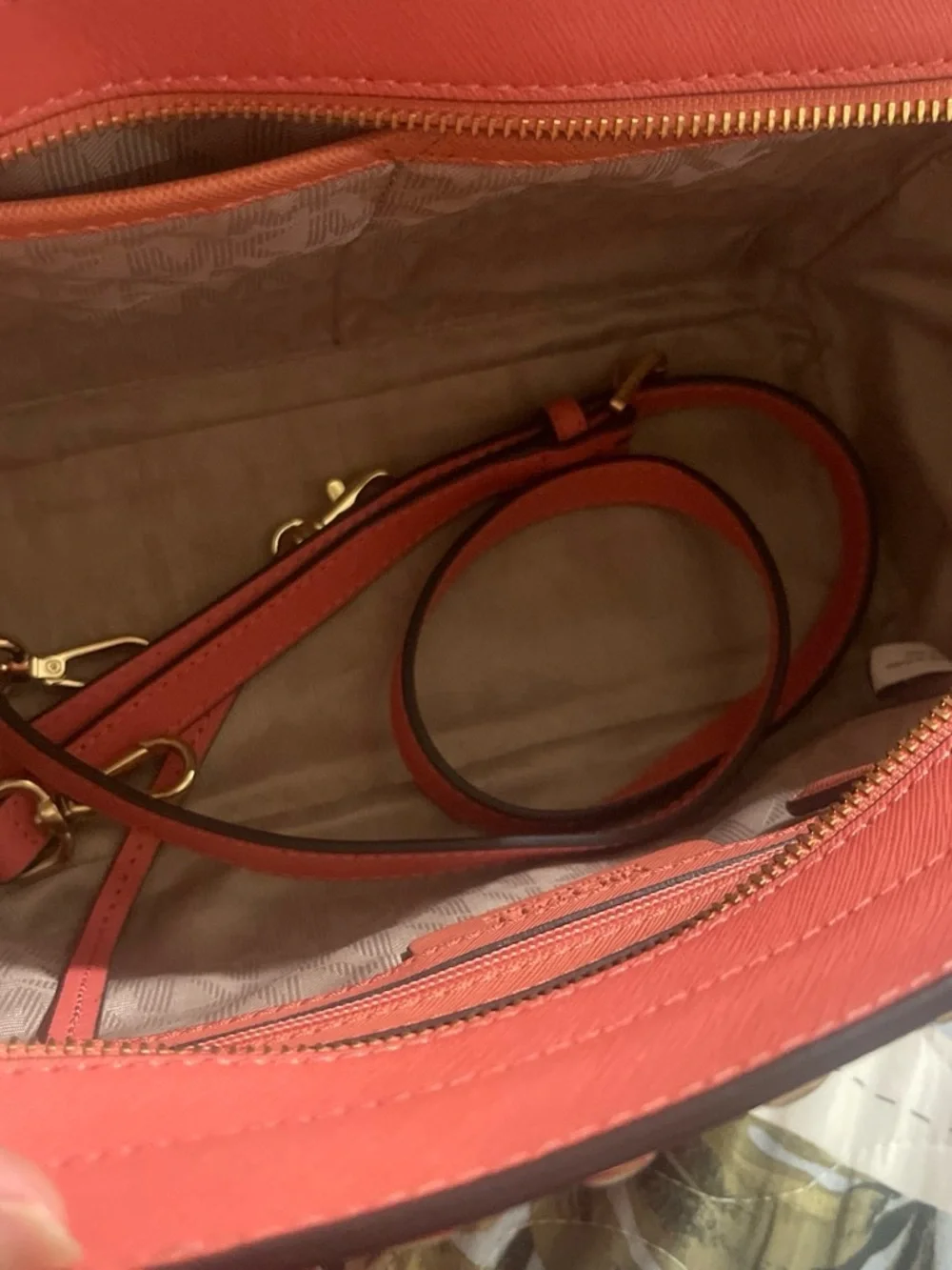 Michael Kors Coral Saffiano Satchel with Gold Tone Studs